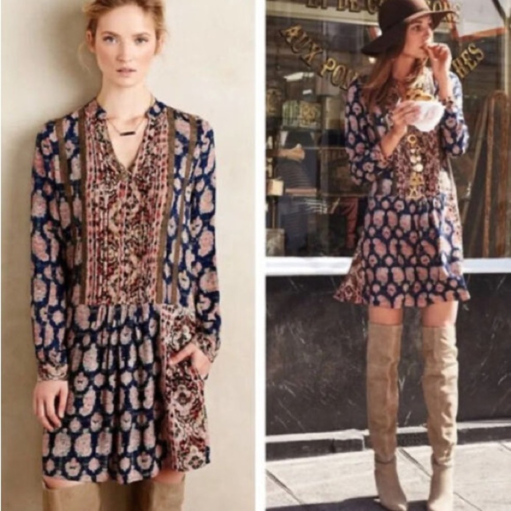 Anthropologie Tiny Pintuck Shirt Dress Long Sleeve Boho Style Pattern Sz XS 643